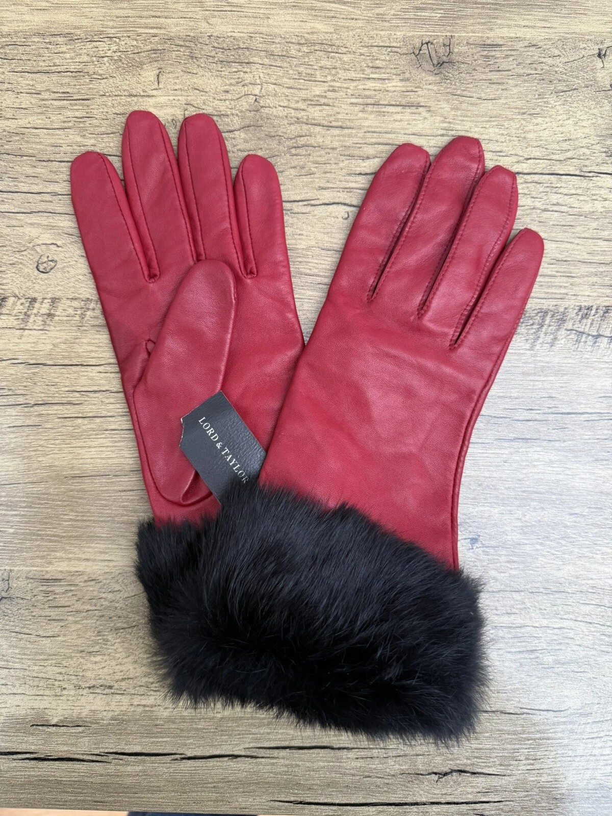 Lord & Taylor Red Leather Gloves Rabbit Fur Cuff Cherry Colour Size 8.5 Womens