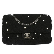 Chanel Black Wool Artificial Pearl Shoulder Bag 195106