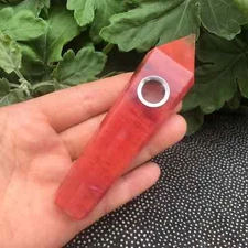 Natural Red Smelting Stone Quartz Smoking Pipe Healing Crystal Point Wand Column