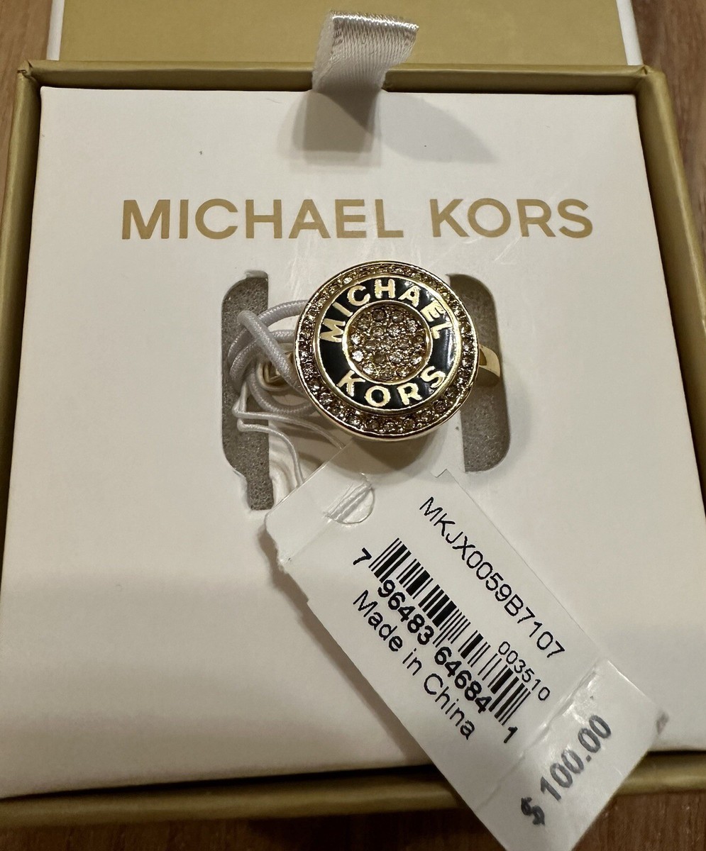 Michael Kors MK Logo Embellished Plaque Black Gold Ring