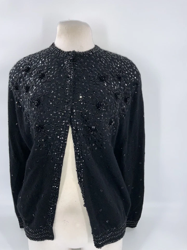 Cárdigan Suéter Cecile Bermuda Talla 10 Negro Lana Angora Nylon Lentejuelas YGI I2-399 Foto 2 de 4