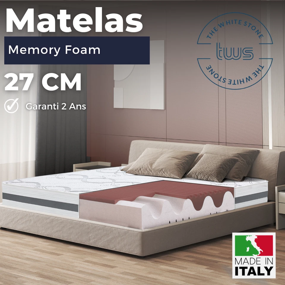 THE WHITE STONE Matelas 27 cm en mousse à mémoire de forme | Ergonomique | hypoallergénique