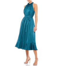 Ieena Mac Duggal Peacock Blue Ruffle Satin A-Line Midi Dress Size 8 $348