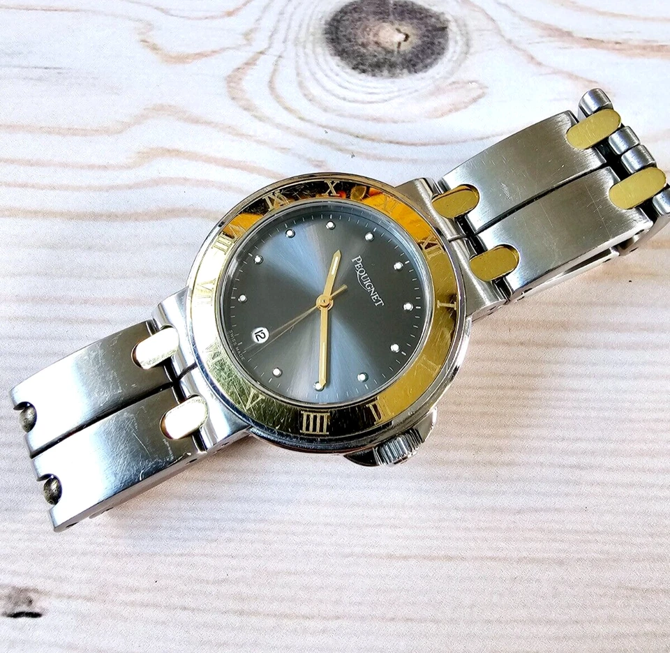 Pequignet Moorea Dos Tonos Bisel Oro 18k Acero Esfera Negra Fecha Cuarzo - 38mm Foto 4 de 4