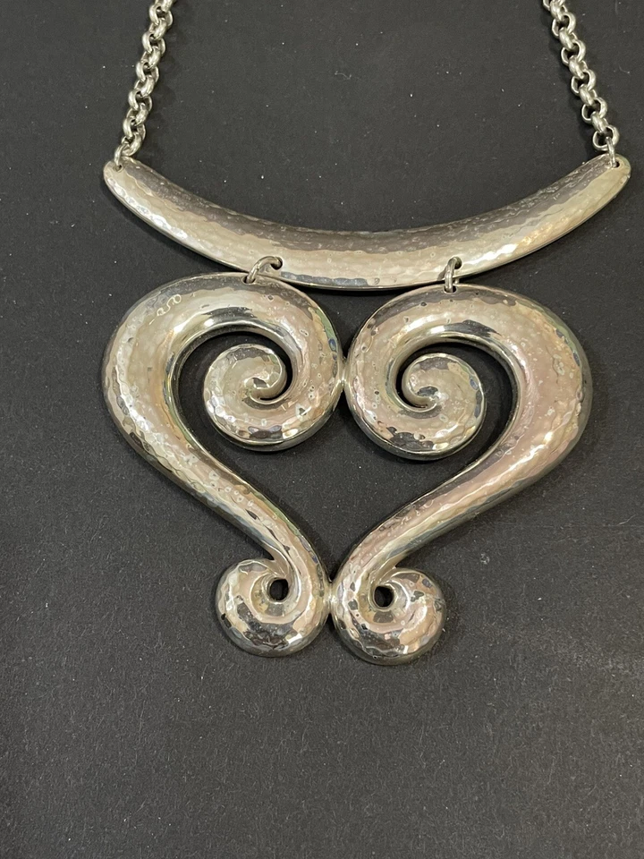 Brighton Large Genoa Heart Necklace Silver Hammered Scroll 18" Adjustable Sexy - Image 3 of 4