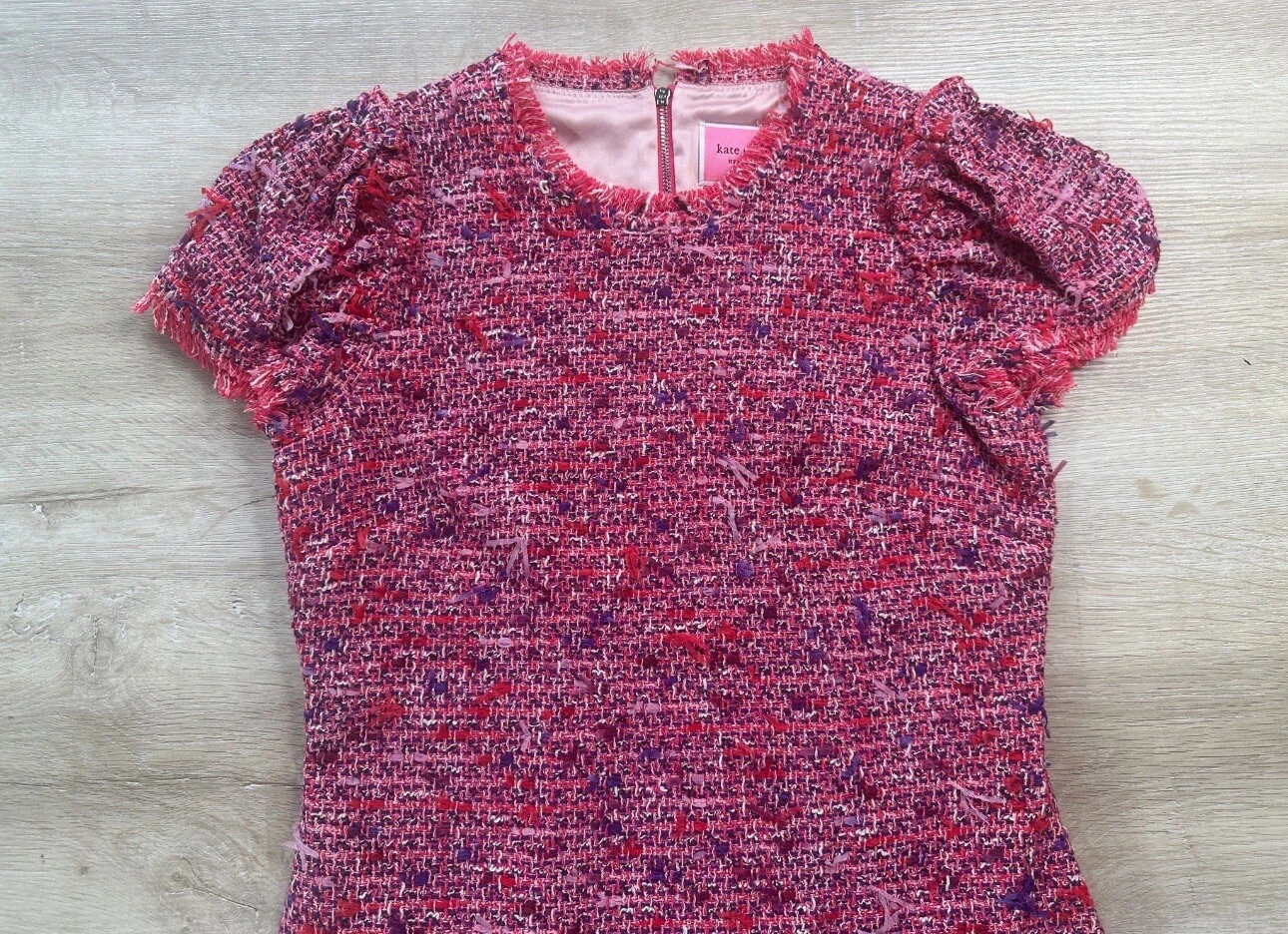 ABITO DA DONNA KATE SPADE NEW YORK NUOVO CON ETICHETTE IN TWEED ROSA 6 BACCHE BLITZ MANICA FLUTTER