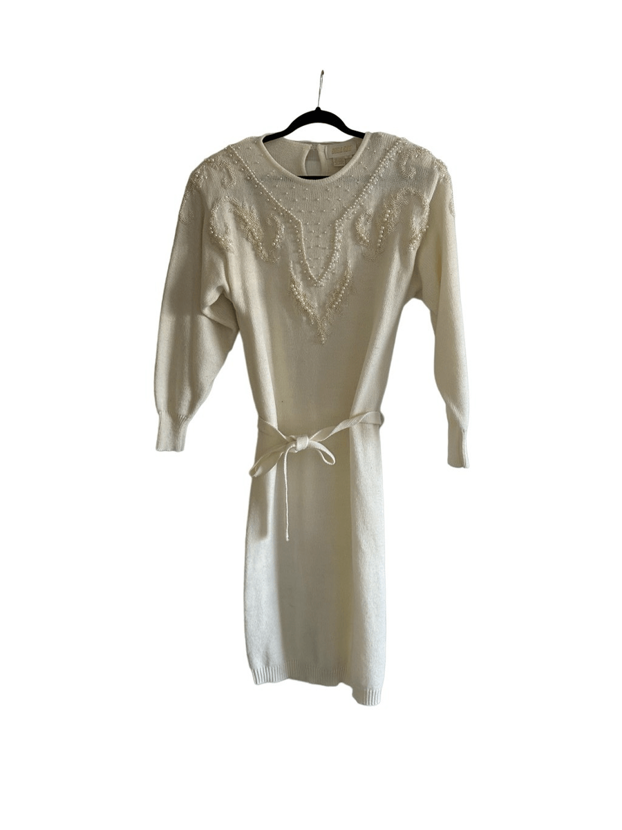 Belldini Women's Acrylic Beaded Sweater Dress - White Small
