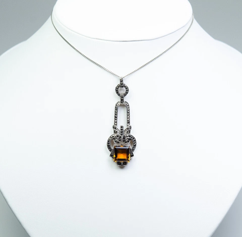 935 Argento - Antico Grande Art Deco Rimorchio - Citrino E Markasite - Immagine 2 di 4