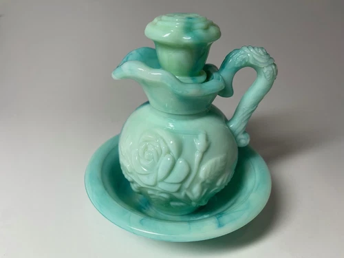 Vintage Avon Victorian Style Mini Pitcher and Wash Basin Green Jade Milk Glass