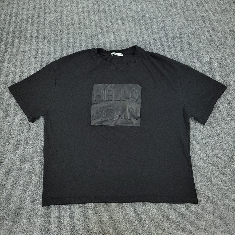 Zara Shirt Women Medium Black Hello Again Embossed Crop Top Graphic Short Sleeve