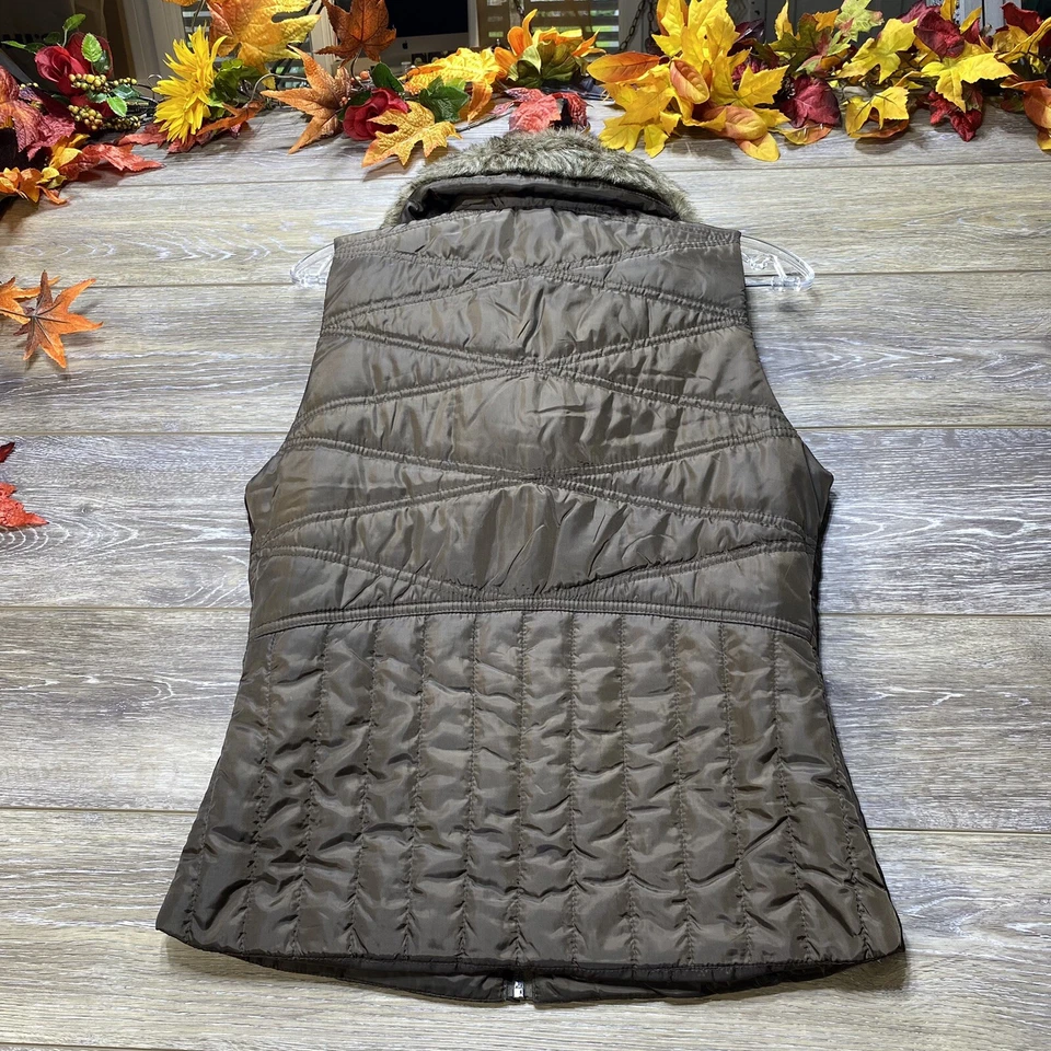 Exertek Faux Fur Vest Size Small Fur Trim Full Zip Brown Soft Shell Pockets - Image 2 of 4
