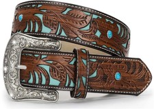 Western-Belts for Women, Men-Belt with Rhinestone Buckle-Belts, Turquoise Carved