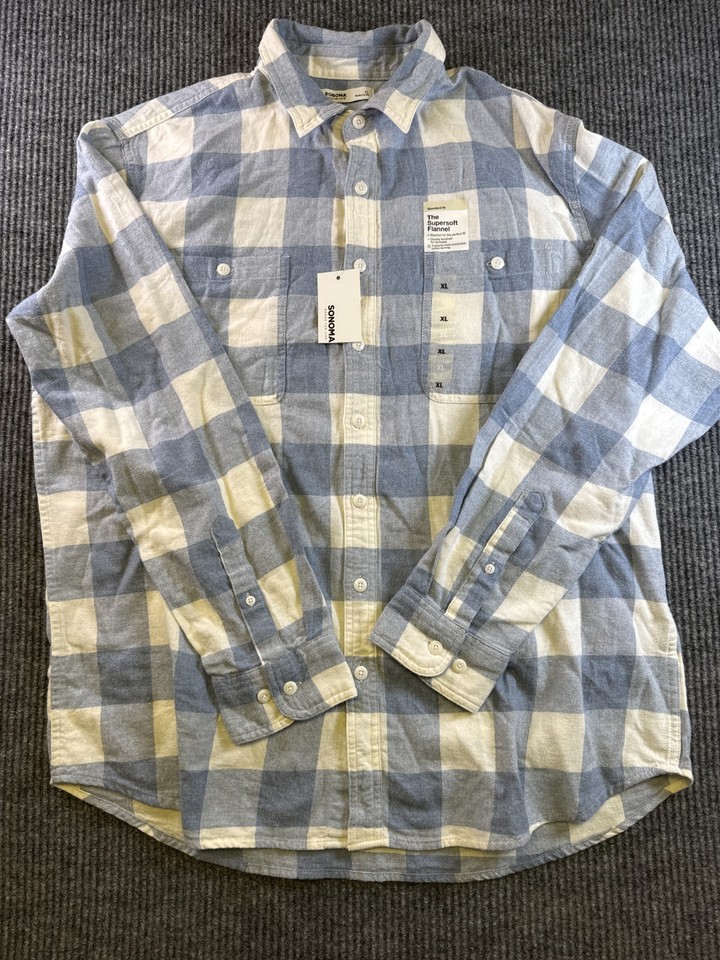 Sonoma Mens XL Blue Plaid Flannel Shirt Button Front Cotton Super Soft ...