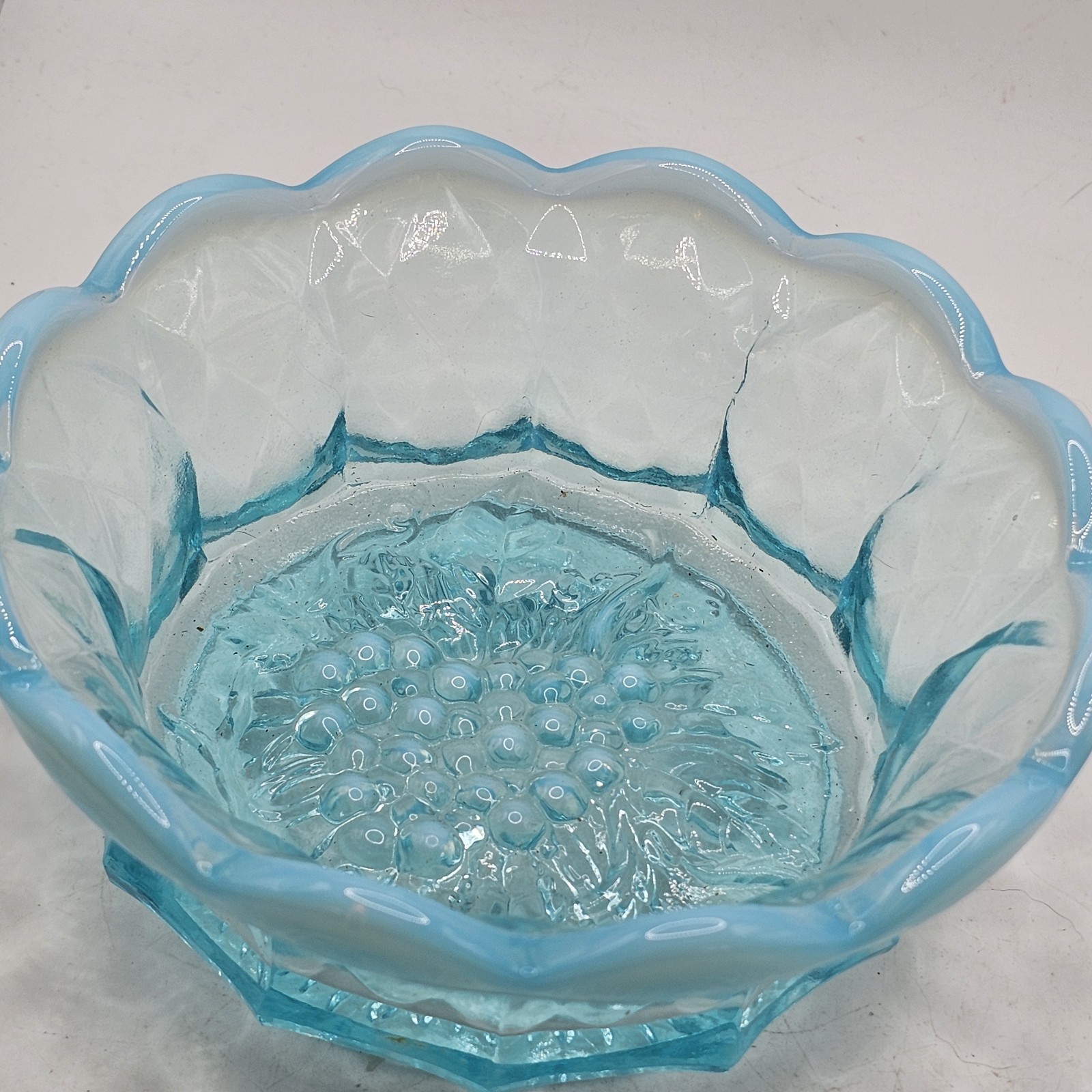Vintage Fenton Blue Opalescent Glass Grape Diamond Candy Dish 6 Inch