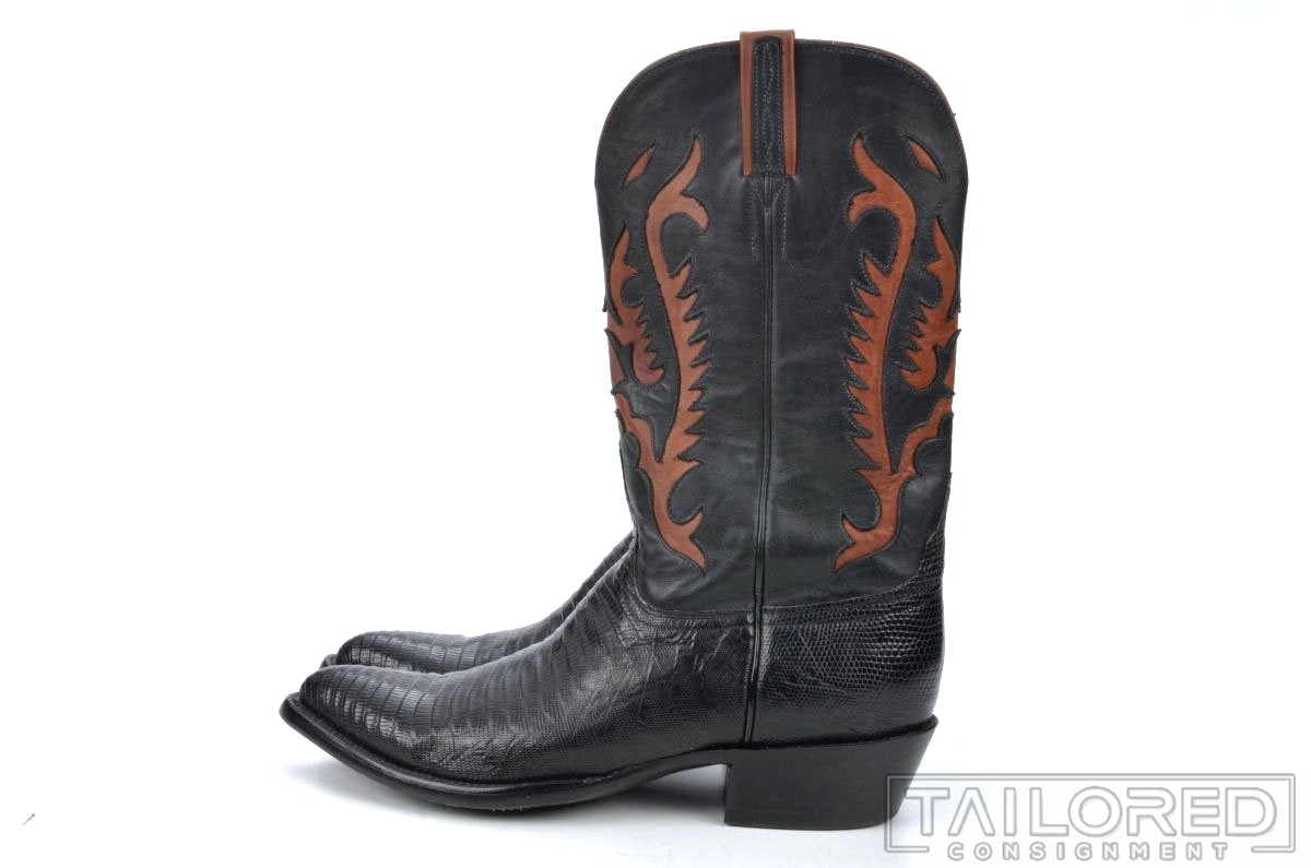 LUCCHESE Classic Solid Black Leather LIZZARD Shoe… - image 4