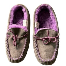 LL Bean Kids Wicked Good Moccasin Slippers Gray Purple Suede Size 5 296248