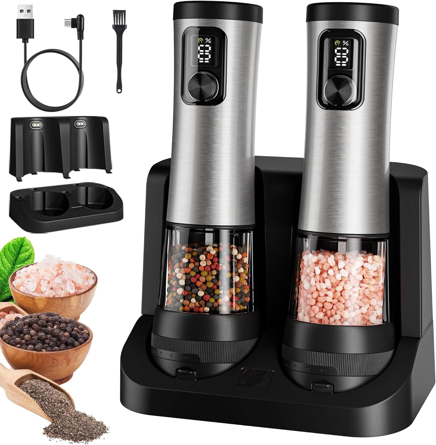 Electric Salt and Pepper Grinder Set, 2-Speed Setting, Stainless Steel Rechargea