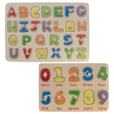 Wooden Alphabet  Number Learning Puzzle Set with Wood Pulls