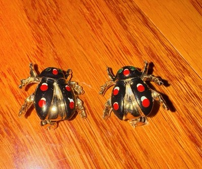 Small Vintage Enamel Bug Insect Brooch Pins Green Rhinestone Eyes 2 Total