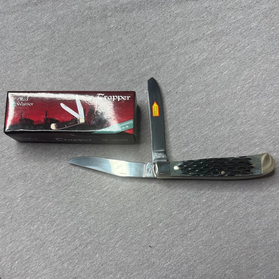 Navaja de bolsillo Steel Warrior Trapper 2-Bld hueso jigged negra/verde nueva en caja SW-108GRPB Foto 4 de 4