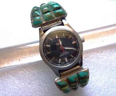 Vintage Men's Coin Silver Dead Pawn Turquoise Wristwatch Tips Native Point