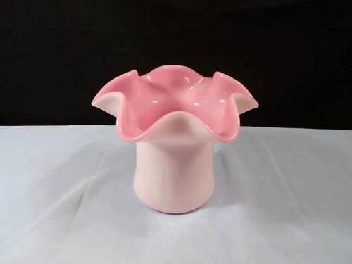 Fenton White Milk Glass Pink Peach Blow Hat Shaped Vase