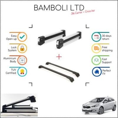 Bamboli 29.5'' Ski Carrier & Black Cross Bar Set For Kia Ceed SW 2013-> 4 pcs