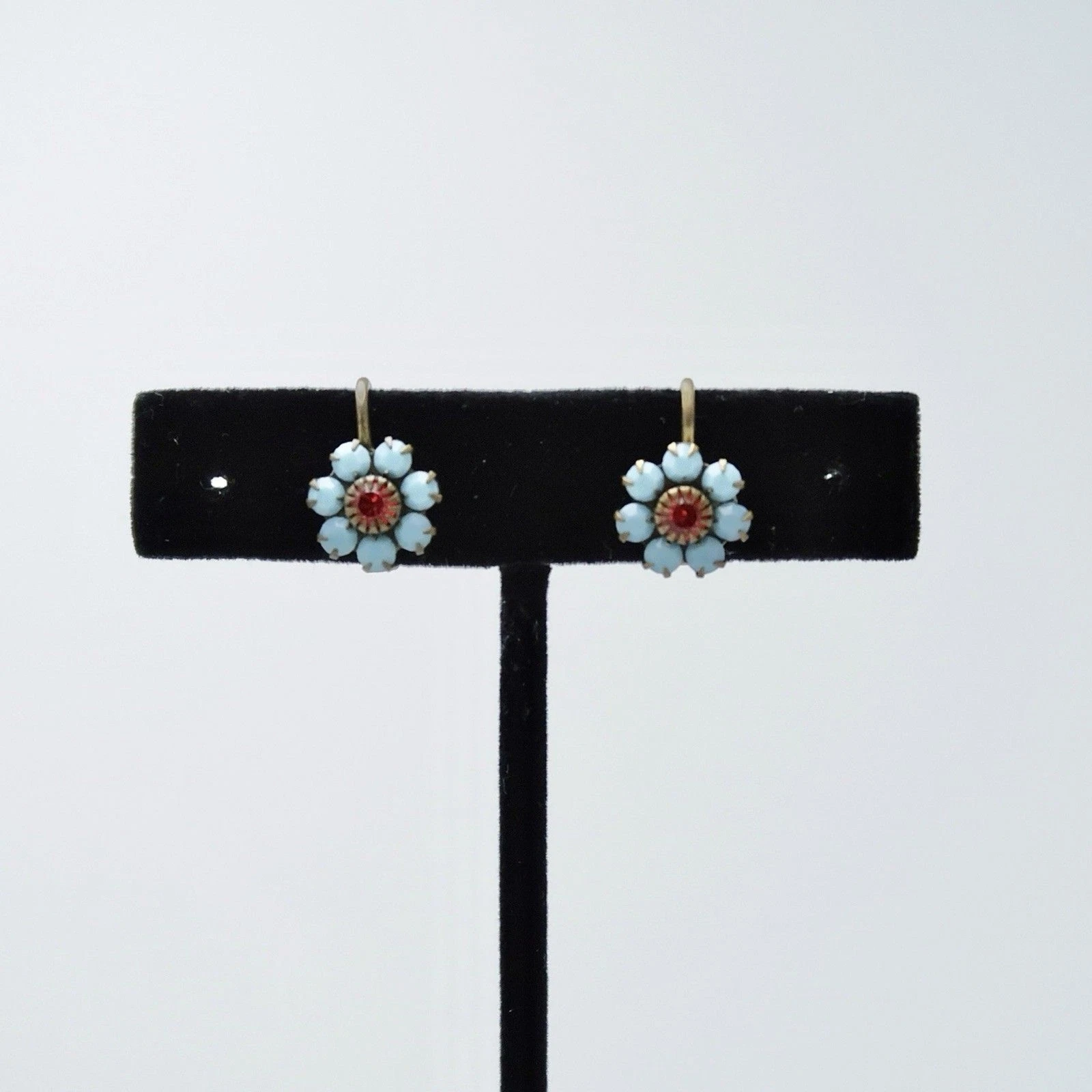 LIZ PALACIOS Blue AB Crystal Floral Brass Vintage Earring Jewelry E114