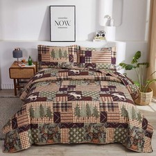 Burgundy Green Deer Moose Lodge Patchwork 3pc Quilt Set Twin Full Queen King Bed
