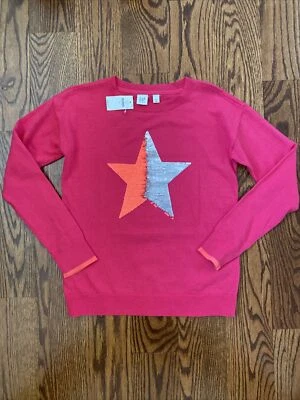 NEW Gap Girls X-Large (12) Bright Pink Fitted Flip Sequins STAR Sweater - Image 1 of 4