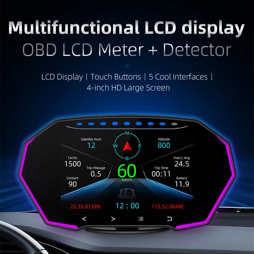 HUD OBD2+GPS Gauge Car LCD Digital Display Odometer Speedometer Meter RPM Alarm - Image 3 of 4