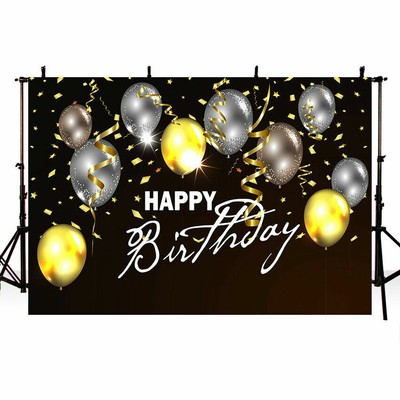 Happy Birthday Backdrop Black White Glitter Gold Balloons Custom