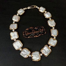 18.5" White Square Keshi Pearl Gold plated Necklace