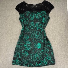 Express Dress Green & Black Lace Top Round Neck Silky Fabric Lined XS