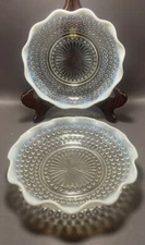 Set of 2 Vintage Anchor Hocking Opalescent Hobnail Moonstone Bowls 7.5" Ruffle 