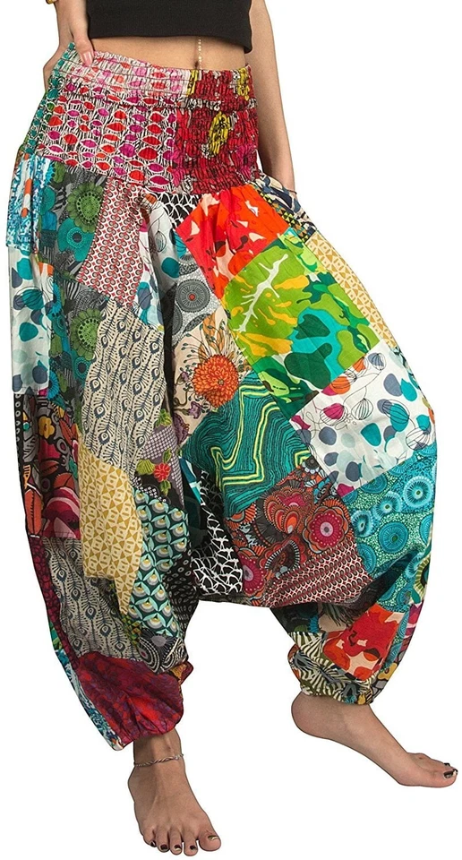 Patchwork Palazzo Pants, Boho Hippie Wide Leg Bohemian Women's Yoga Trousers - Image 2 of 3