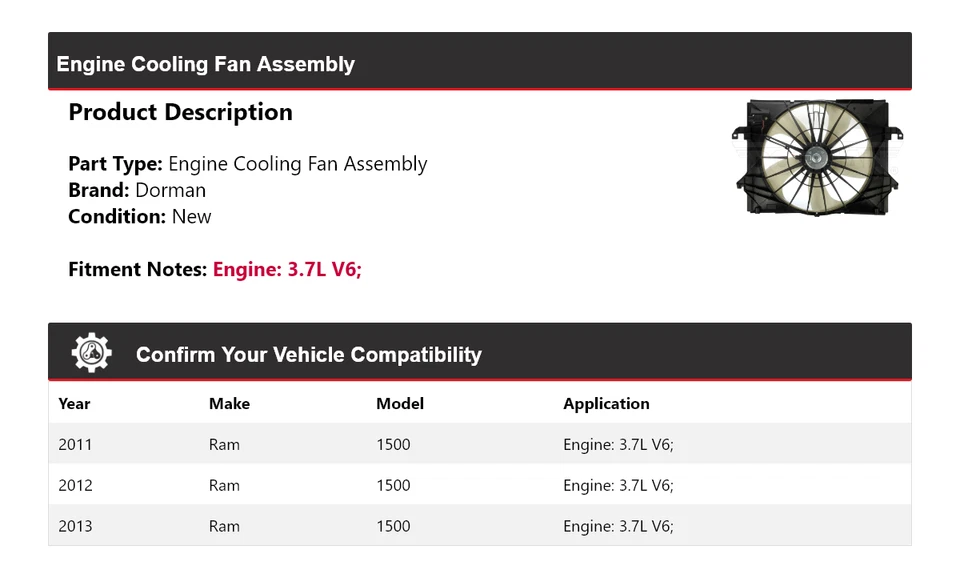 Conjunto de ventilador de refrigeración del motor Dorman V6 3,7 L Ram 1500 2011-2013 2012 Foto 2 de 4