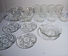 16 PCS VTG ANCHOR HOCKING CLEAR STARBURST 4 CUPS/ 4 SAUCER /4+3 GLASSES/1 BOWL