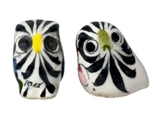 2 Miniature Owl Figurines Hand Painted Tonala Mexico Folk Art Pottery
