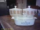 Vintage Federal glass Sunflower pattern (2) and a Corning ware blue cornflower