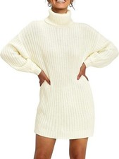 Boutique White Ribbed Turtleneck Long Sleeve Mini Sweater Dress S