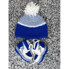 Handmade Kids Blue  White Crochet Beanie and Booties Set