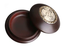 Catholic Rosary Box - Solid Wood with Silver Plated Icon Lid - 3.5" Round