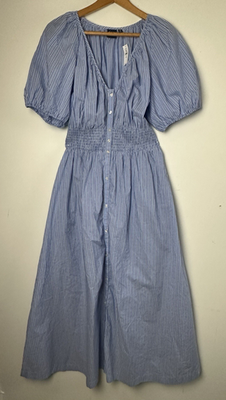 NWT Gap Midi Dress Blue Pinstripe Button Up Coastal Cottage Boho Preppy M Tall