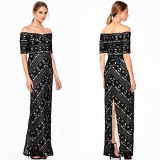 Adrianna Papell Illusion Lace Off The Shoulder Gatsby Art Deco Evening Gown 8