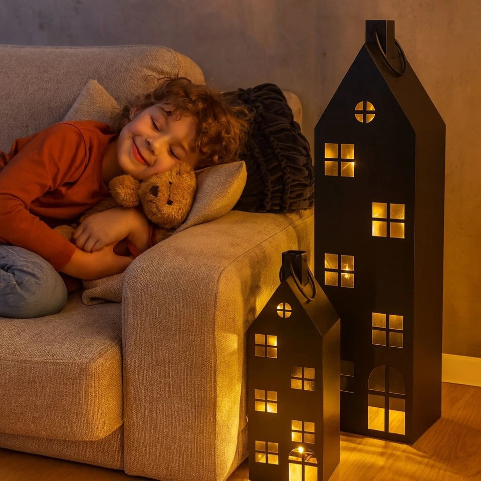 Set 2 lanterne casa H65-95 cm metallo nero ruggine decorazione luce vento stile industriale - Immagine 3 di 4