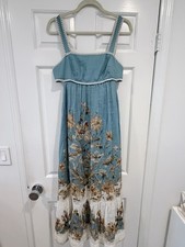 Zimmermann Postcard Bow Motif Linen Midi Dress Blue Floral Embroidered Size 2
