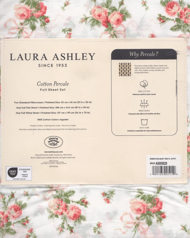 Laura Ashley Full Sheet Set Ribbon Bouquet Red 4pc Farmhouse Chic Cottage Green - Image 2 of 4