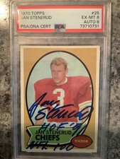 Jan Stenerud 1970 Topps HOF Signed RC Chiefs Auto PSA 6 Multiple Inscriptions