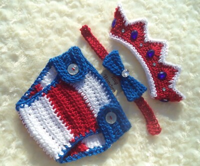 Crochet Patriot  Baby Outfit, Newborn Baby Crown Set, Crochet King Crown